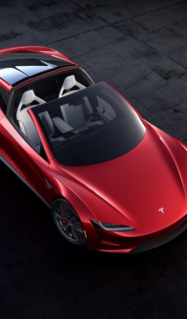 Красный автомобиль Tesla Roadster, 2020 вид сверху