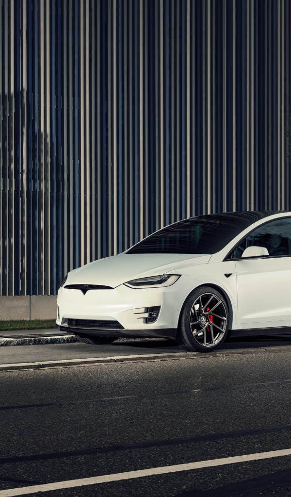 Белый электрокар Tesla Model X на заправке