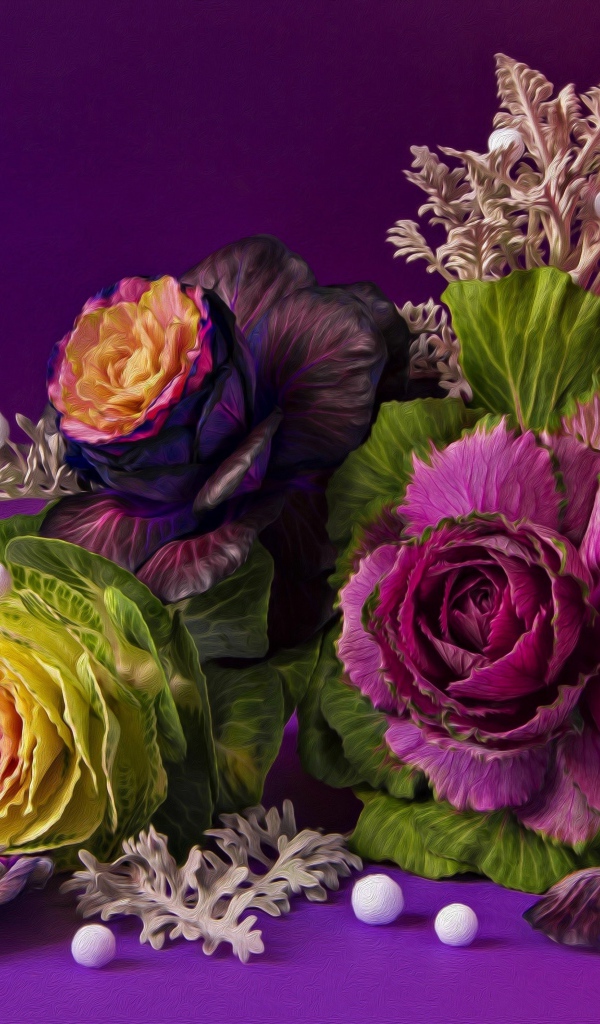 Цветы декоративной капусты на фиолетовом фоне, фрактальный рисунок