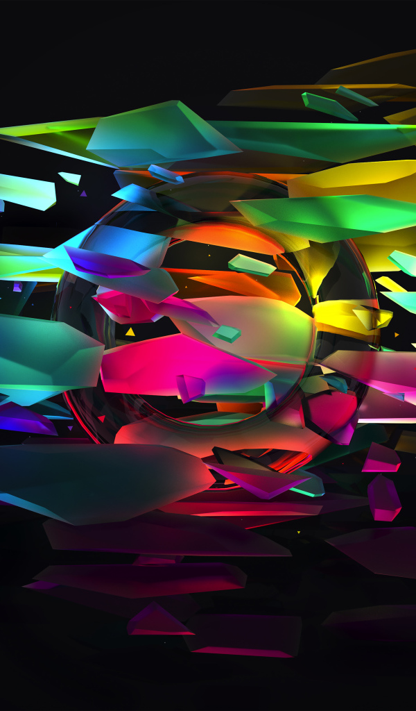 Разноцветные фигуры в невесомости на черном фоне, 3д графика