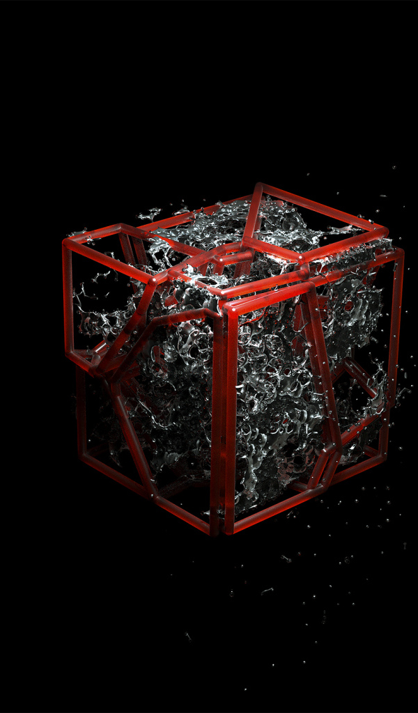 Красный куб с водой внутри на черном фоне, 3д графика