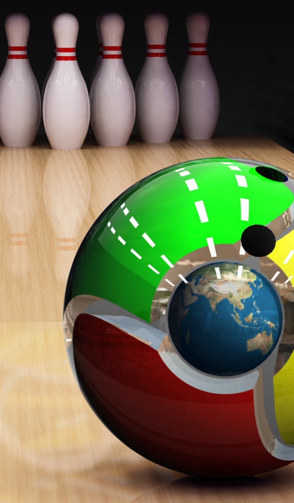 Сфера на дорожке для боулинга и кегли на заднем плане, 3д графика