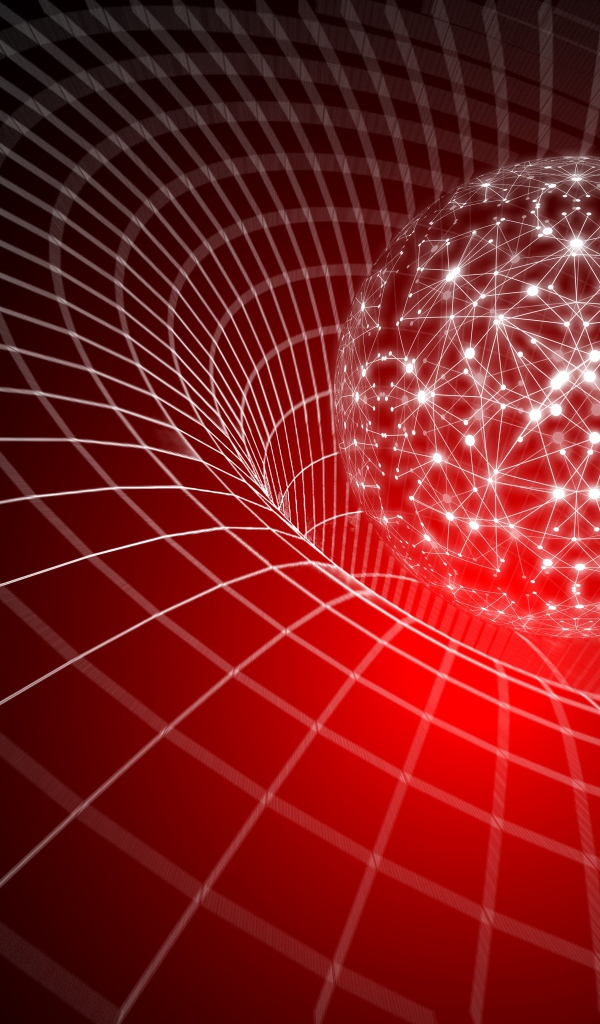 Светящийся белый шар погружается в воронку виртуальной сетки, 3д графика