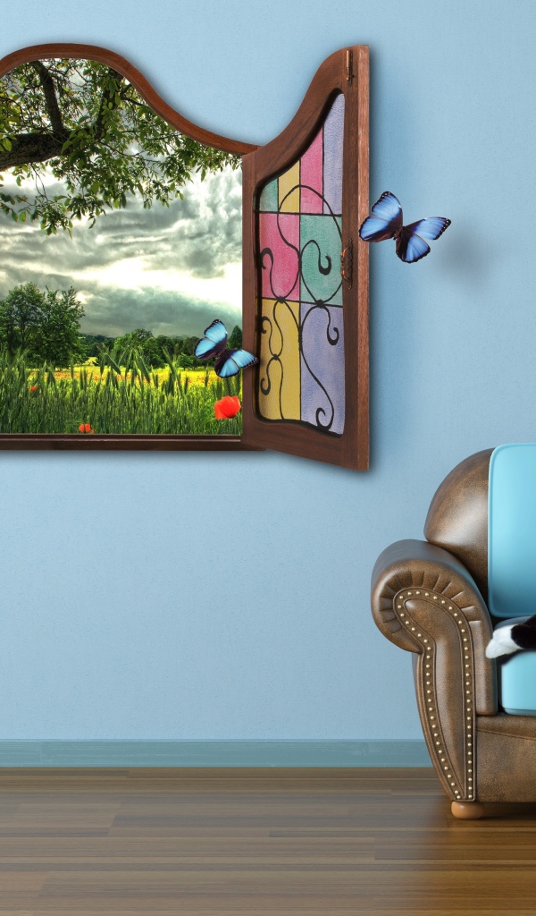 Черно белый кот лежит на кресле у окна