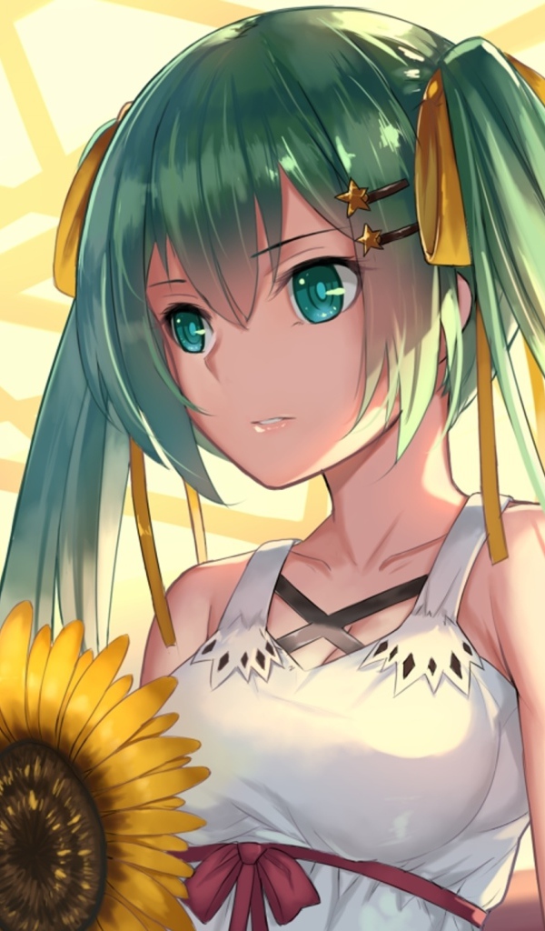 Девушка аниме Мику Хацунэ с подсолнухом в руках
