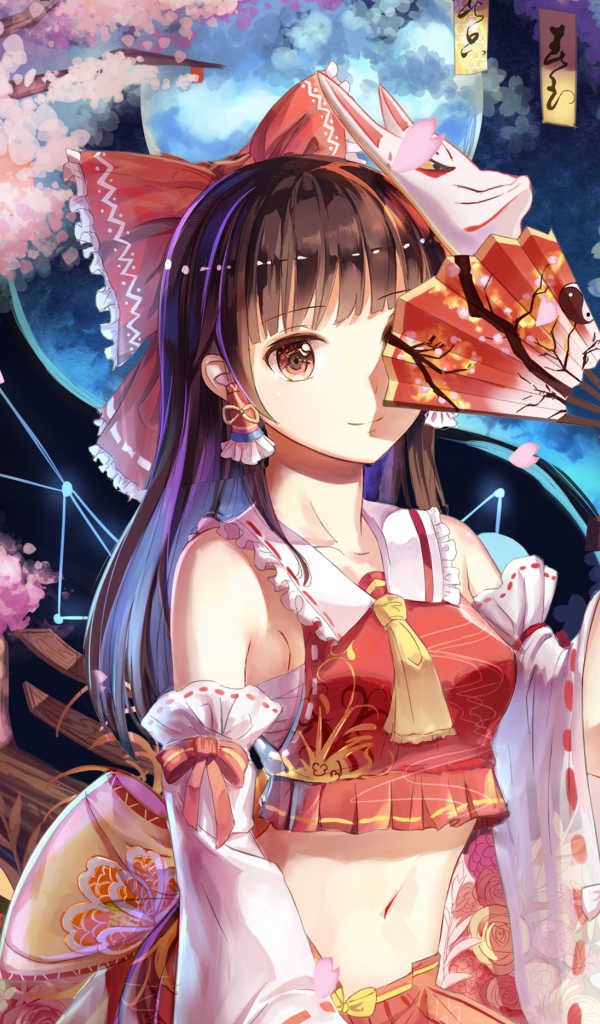 Девушка аниме Рейму Хакурей с веером в руке 