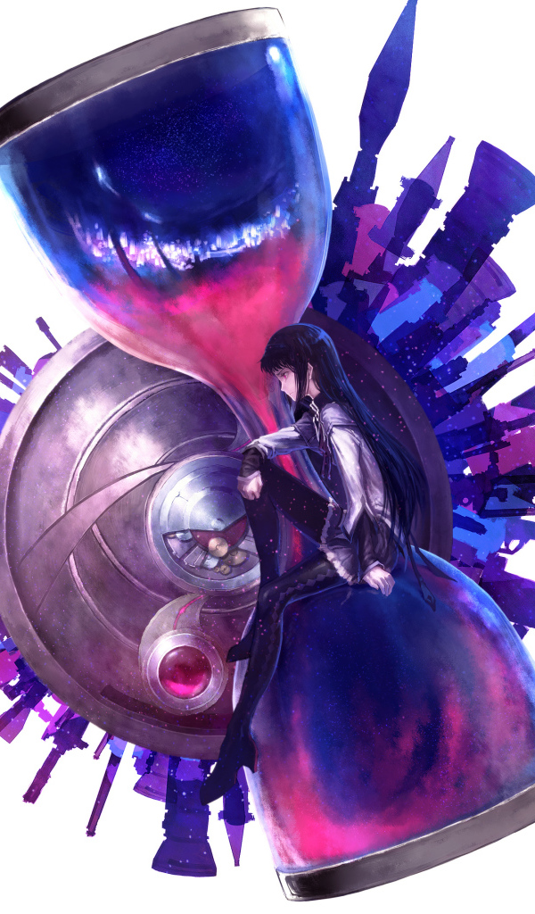 Девушка аниме сидит на больших песочных часах на белом фоне