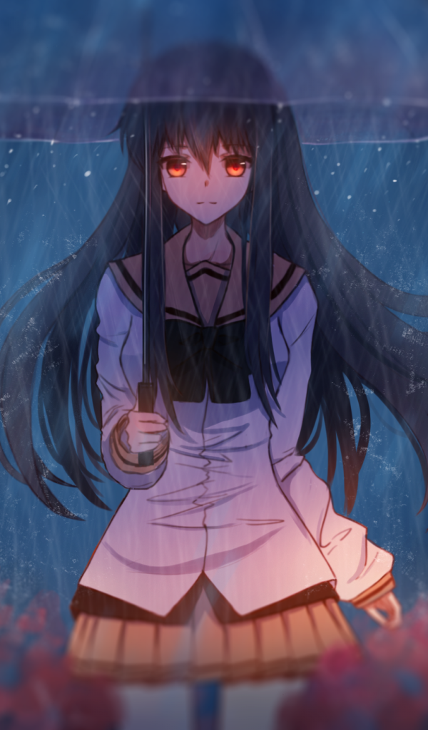 Девушка аниме под зонтом под дождем