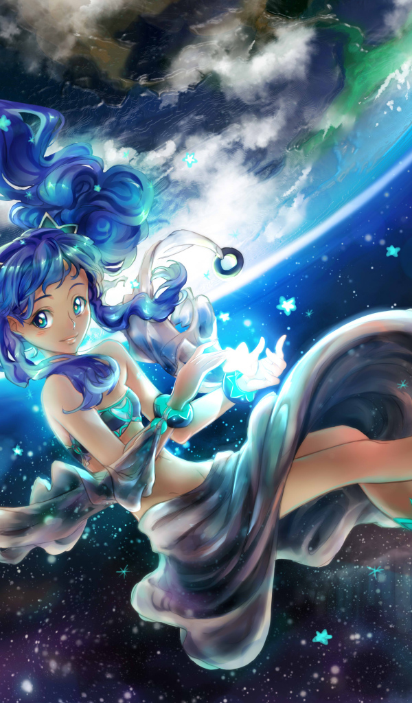 Девушка аниме с синими волосами парит в воздухе