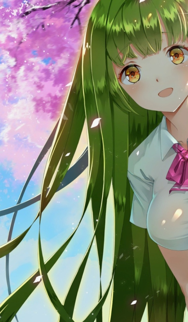 Девушка аниме с зелеными волосами и карими глазами