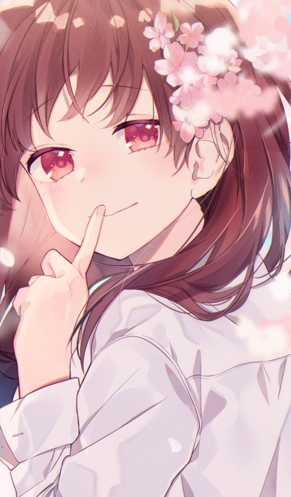 Девушка аниме с цветами сакуры в волосах 