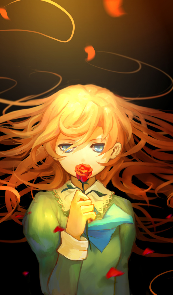 Red-haired anime girl with a rose in her hands