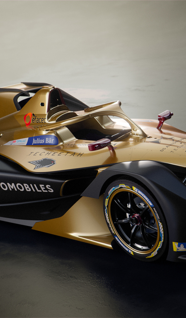 Гоночный автомобиль DS E-Tense FE 19 на сером фоне 