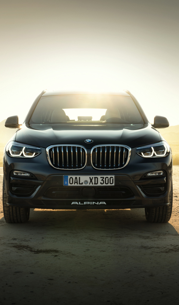 Черный стильный автомобиль BMW Alpina XD3 Allrad, 2018 на фоне солнца