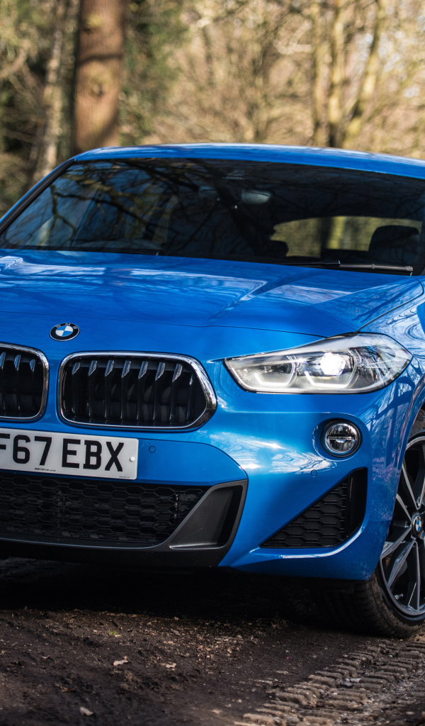 Синий автомобиль BMW X2 xDrive20d M Sport, 2018 на дороге в лесу