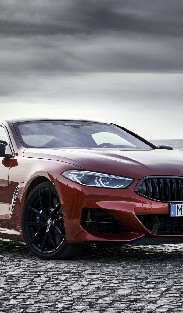 Красный автомобиль BMW 8 Series на фоне моря