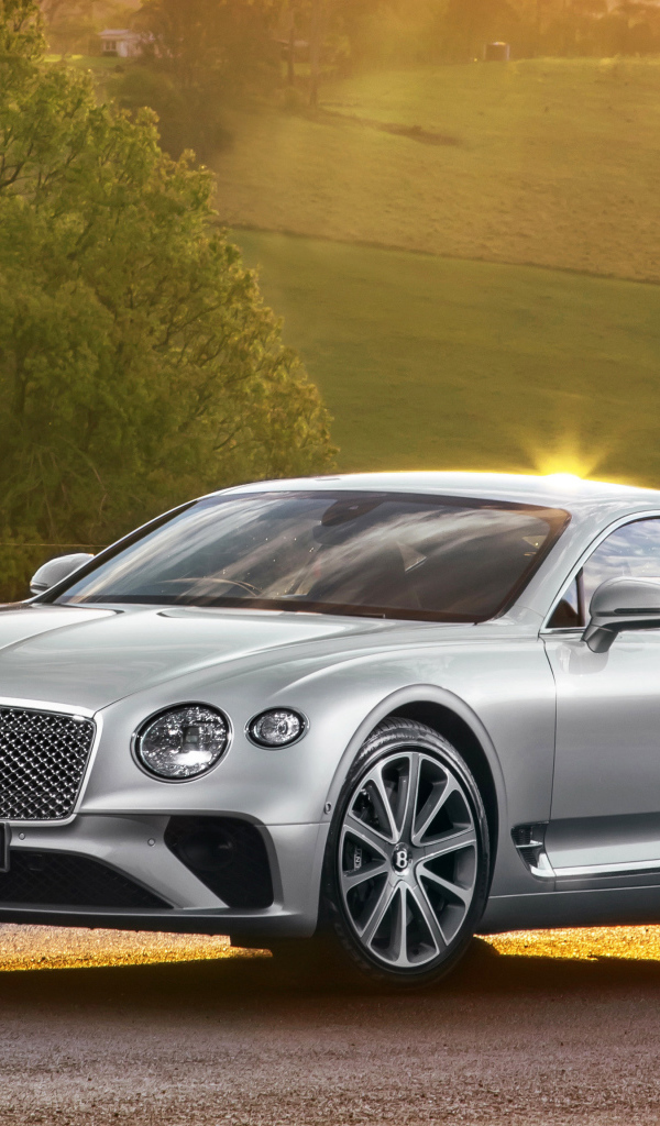 Серебристый автомобиль Bentley Continental GT 2018 года 