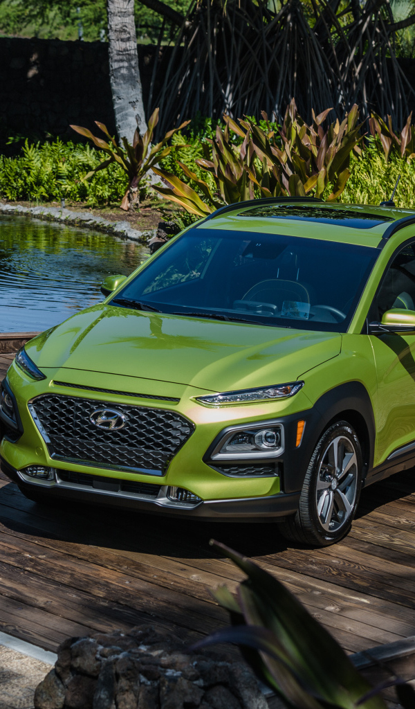 Салатовый автомобиль Hyundai Kona у воды