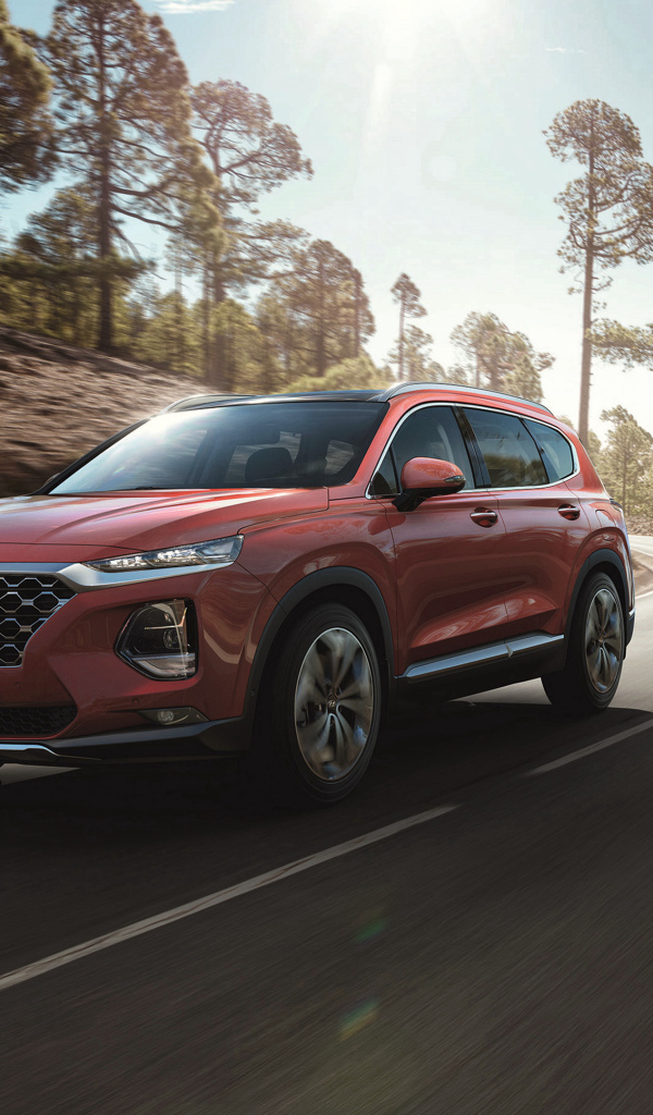 Красный автомобиль Hyundai Santa Fe, 2018 года на трассе