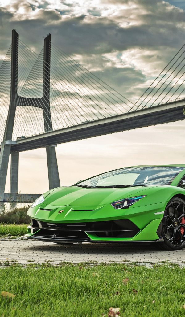 Зеленый дорогой автомобиль Lamborghini Aventador SVJ 2018 года на фоне моста