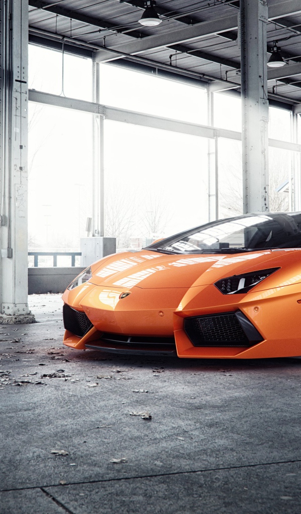 Оранжевый автомобиль Lamborghini Aventador под мостом