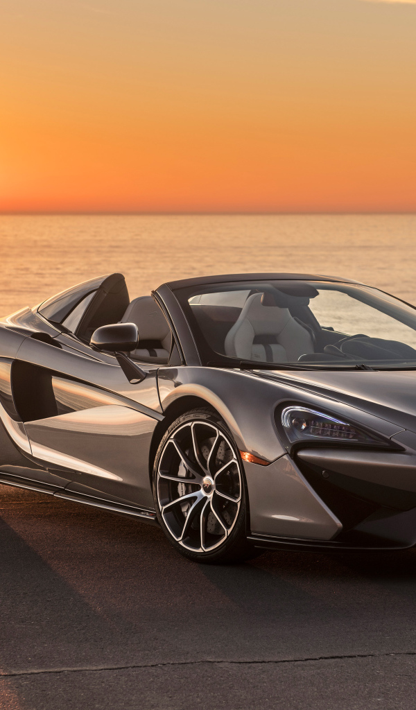Серебристый  McLaren 570S Spider, 2018 на фоне заката