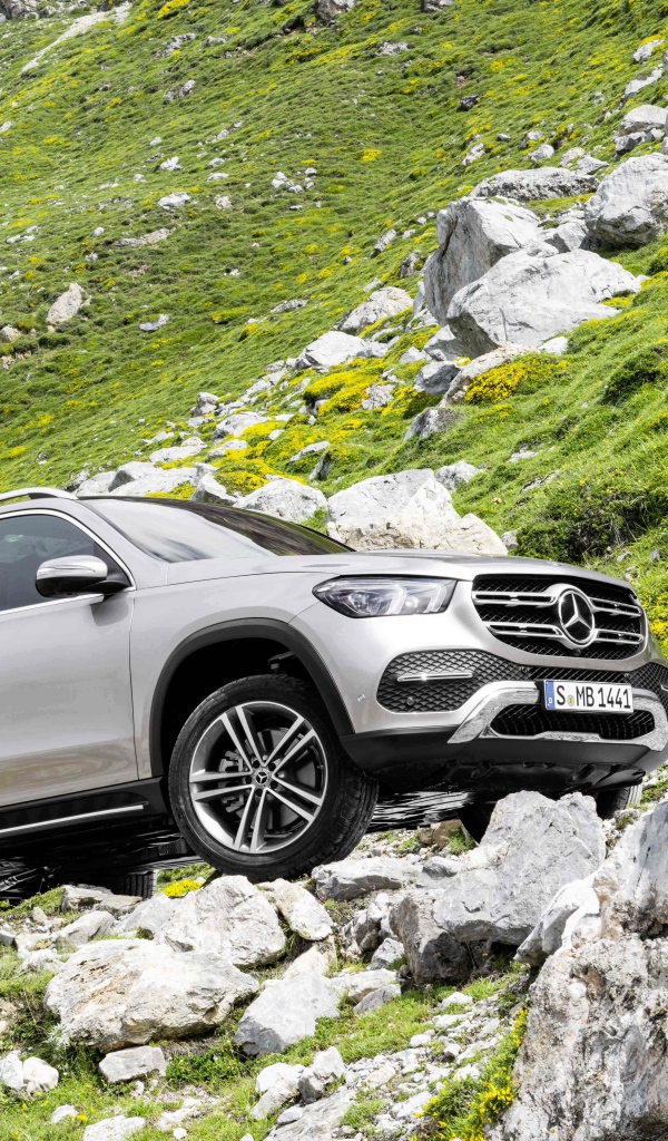 Серебристый внедорожник Mercedes-Benz GLE, 2019 в горах 