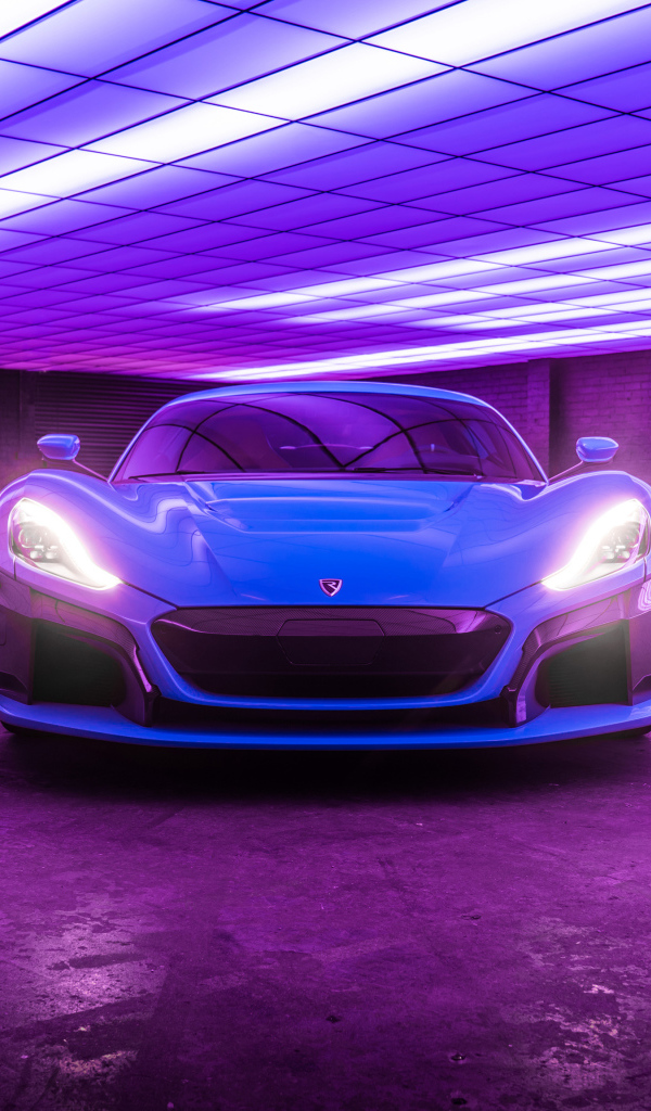 Sports car Rimac C Two California Edition, 2018 with the lights on