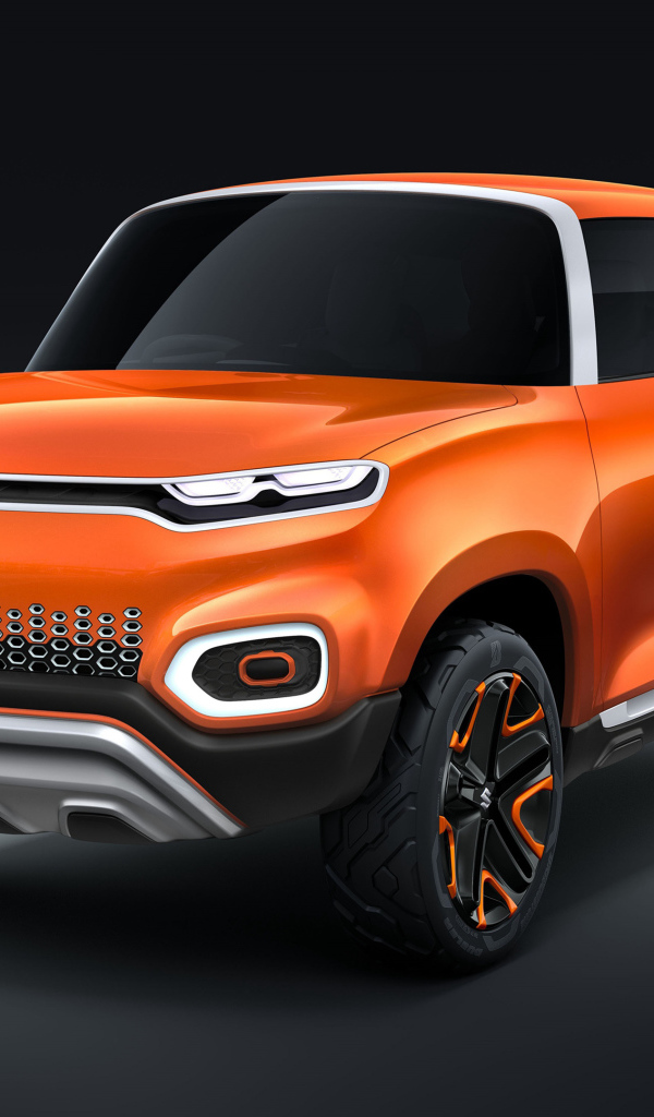 Оранжевый автомобиль Suzuki Concept Future S, 2018 на сером фоне