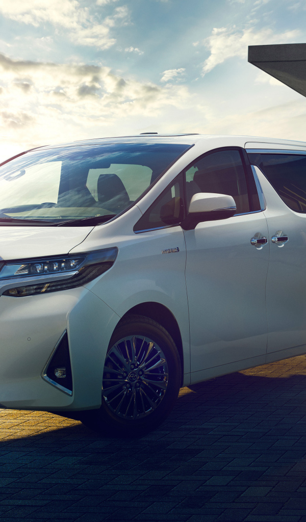 Белый минивэн Toyota Alphard Executive Lounge, 2018 на фоне красивого неба