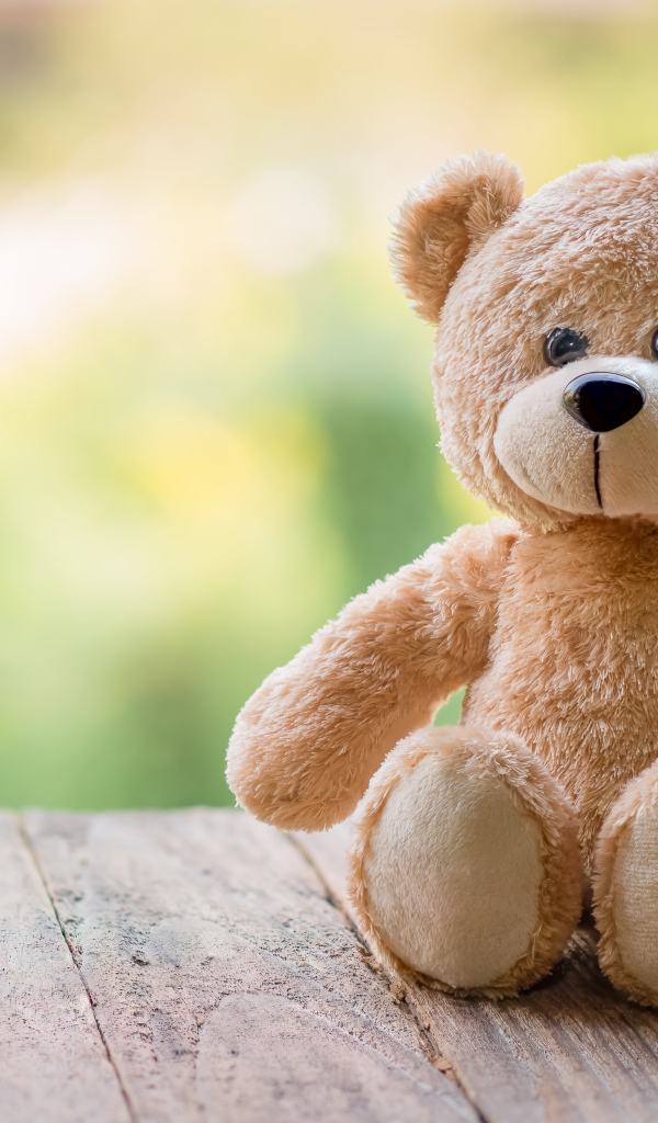 Плюшевый медведь сидит на деревянных досках