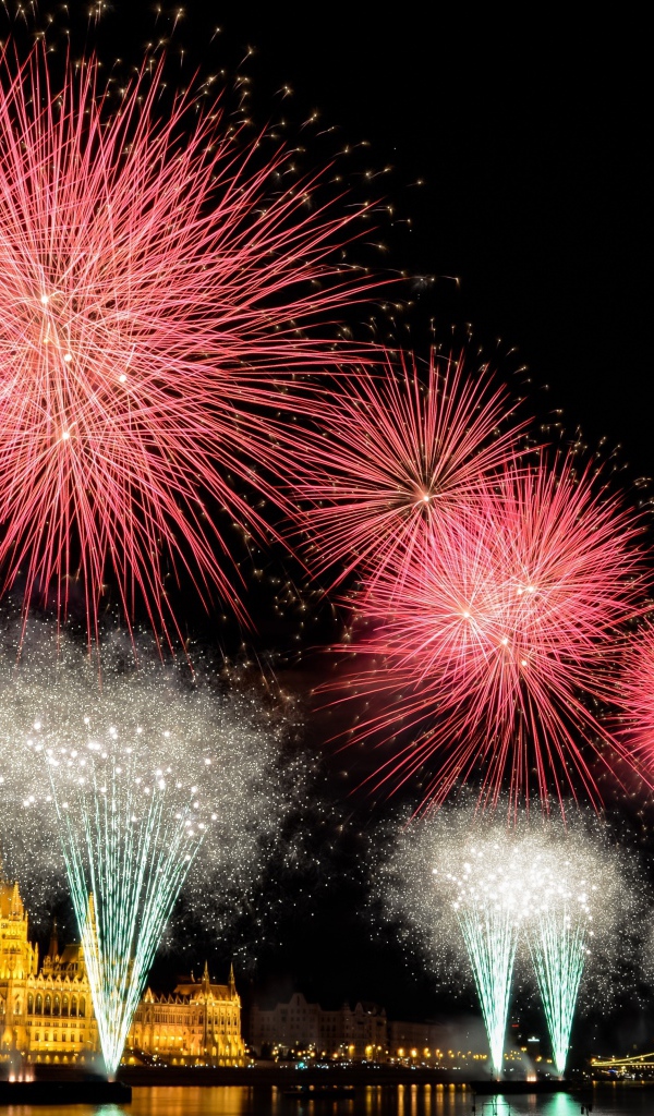 Взрывы яркого салюта над ночным городом 