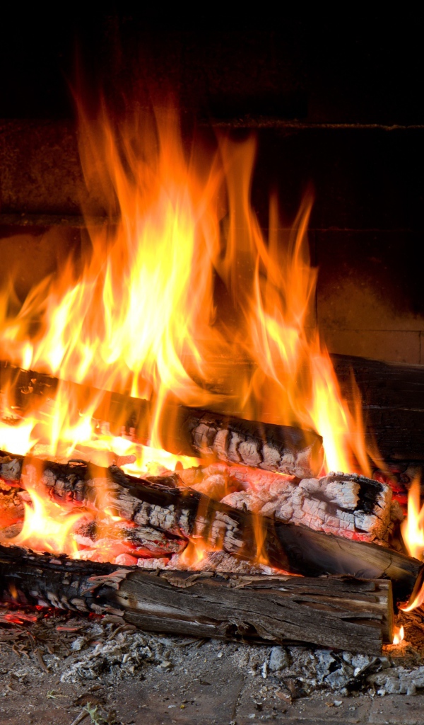 Дрова горят ярким пламенем в камине