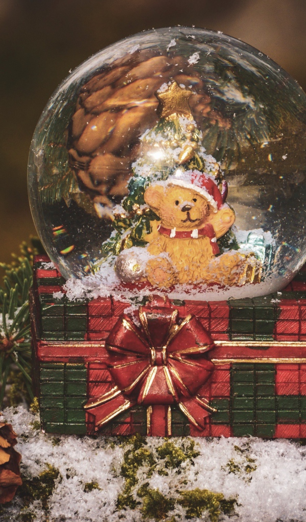 Снежный шар с медвежонком на столе с большой шишкой и еловой веткой 