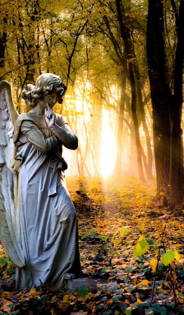 Статуя ангела в лесу в лучах солнца