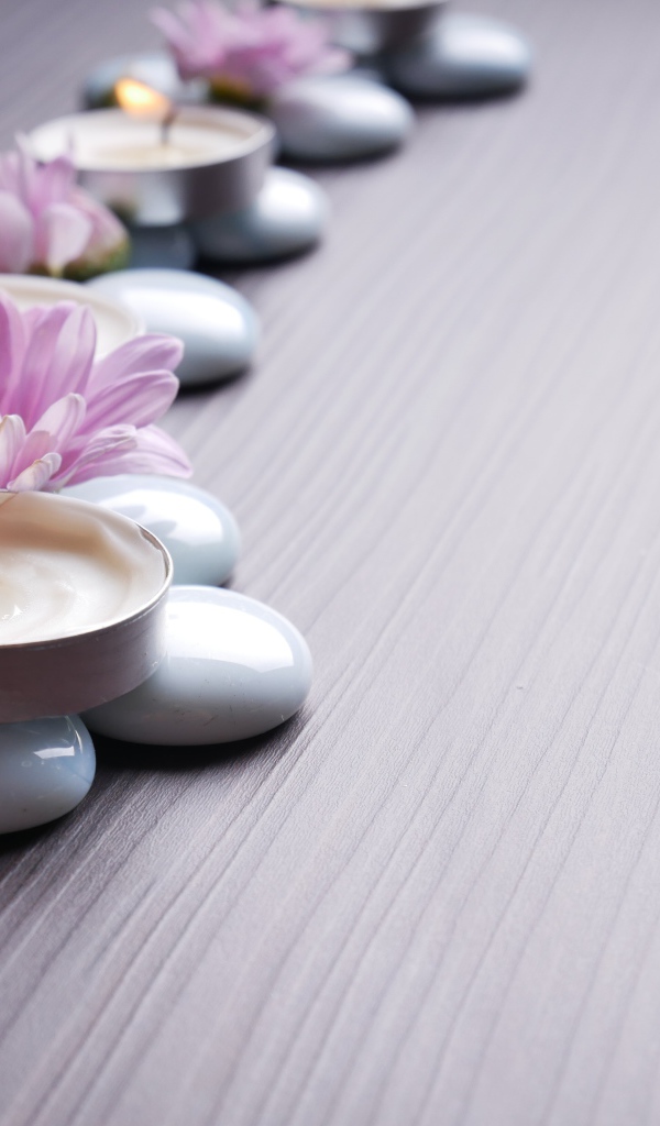 Камни с ароматическими свечами и цветами хризантемы