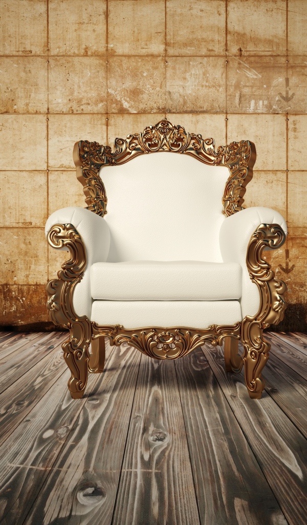 Белое новое кожаное кресло на деревянном полу у старой стены