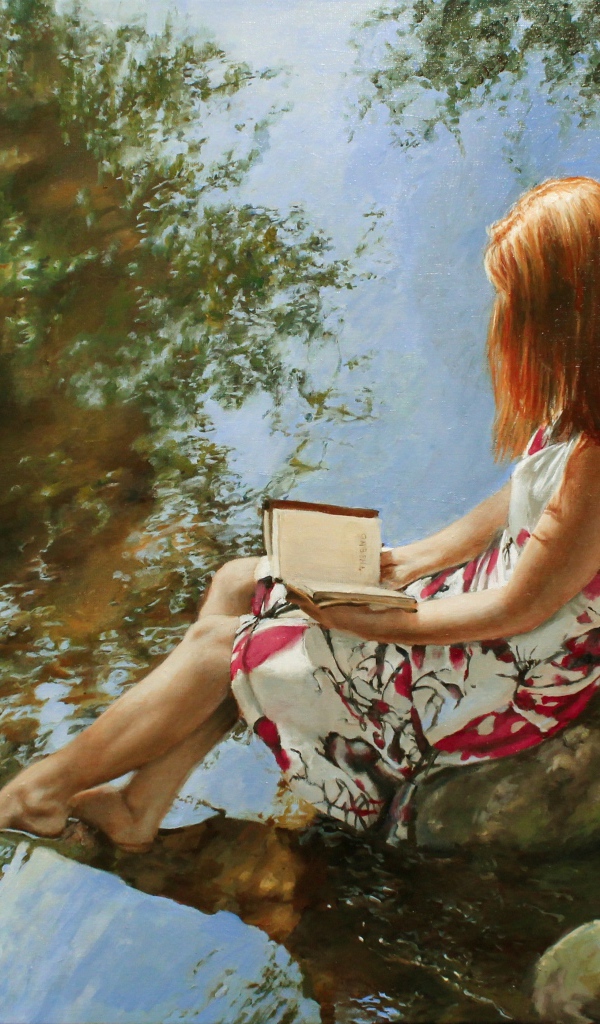 Нарисованная девушка с книгой сидит на камне у воды