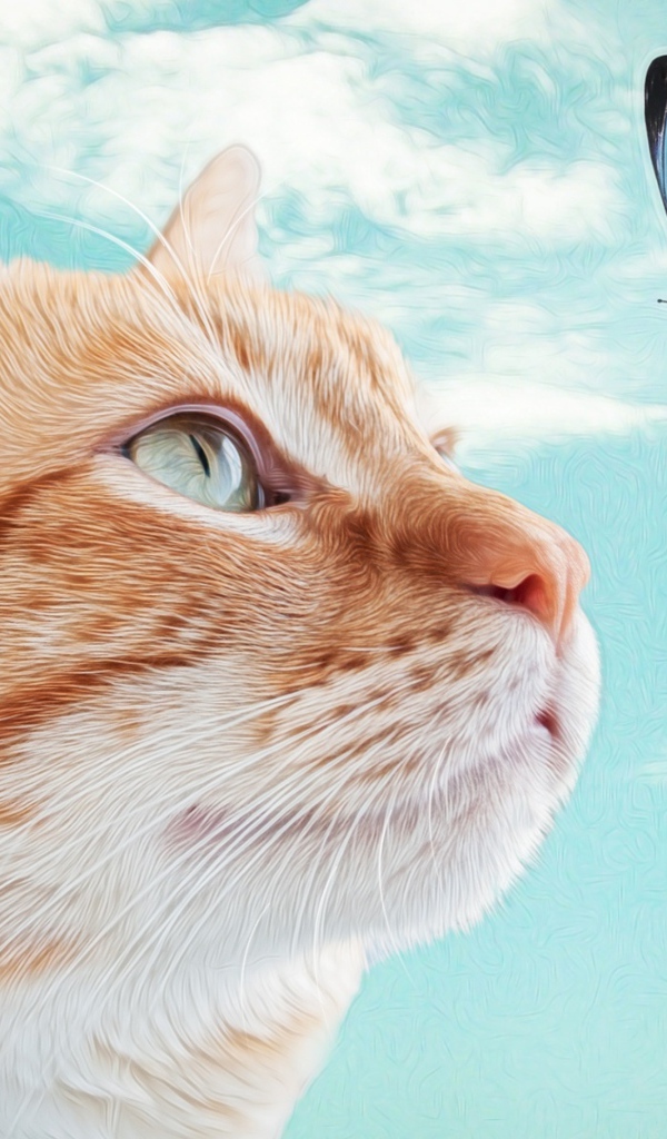 Нарисованный рыжий кот с голубой бабочкой 