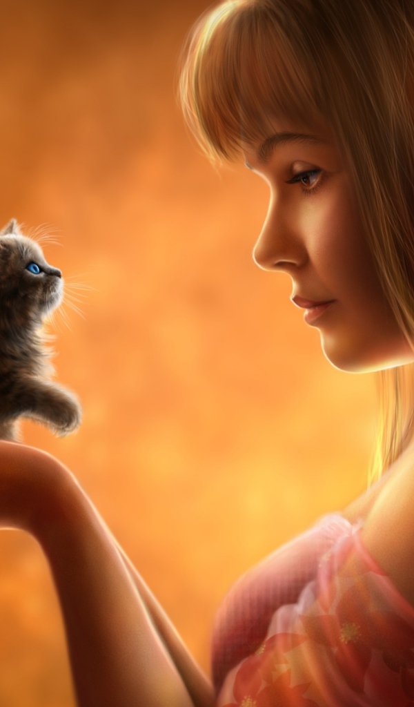 Девушка с цветами в волосах и с маленьким котенком в руках, фэнтези