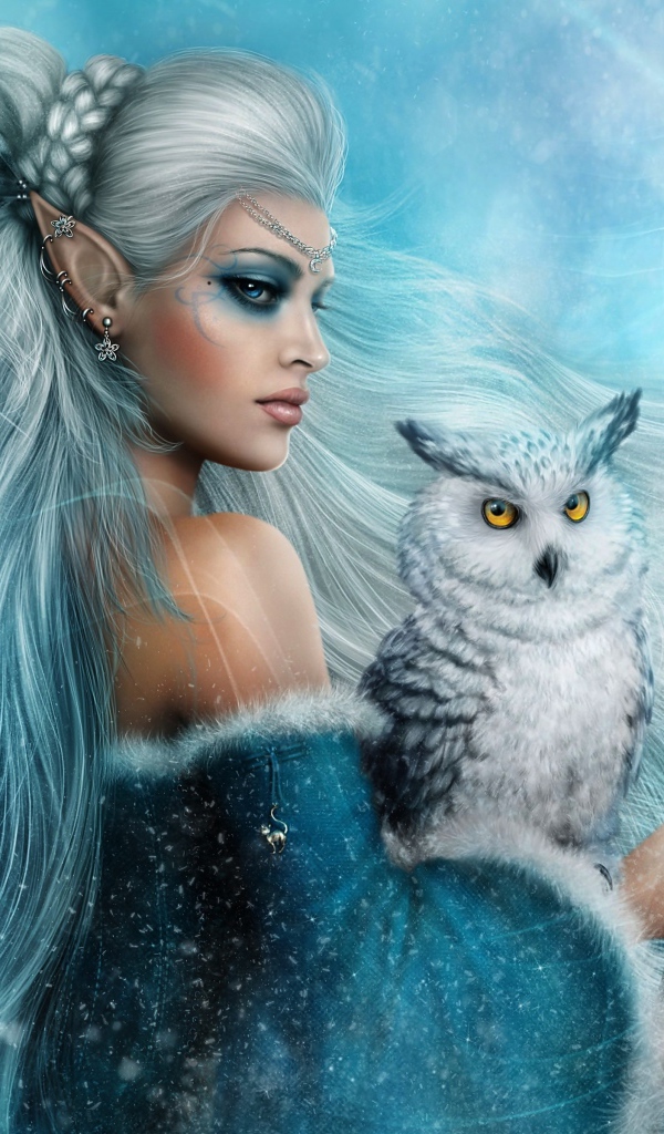 Женщина-эльф с белой совой и скипетром в руках, фэнтези