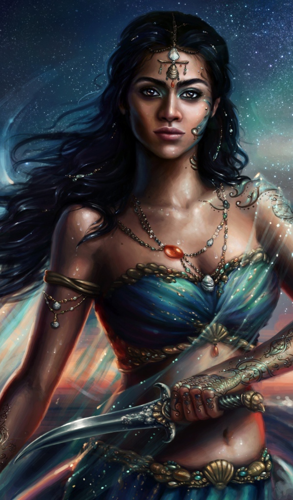 Красивая девушка воин с кинжалом в руках, фэнтези