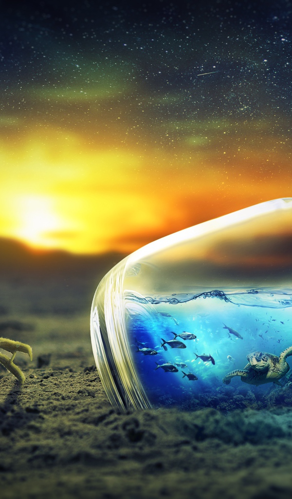 Краб рядом с бутылкой с маленькими черепахами, фэнтези