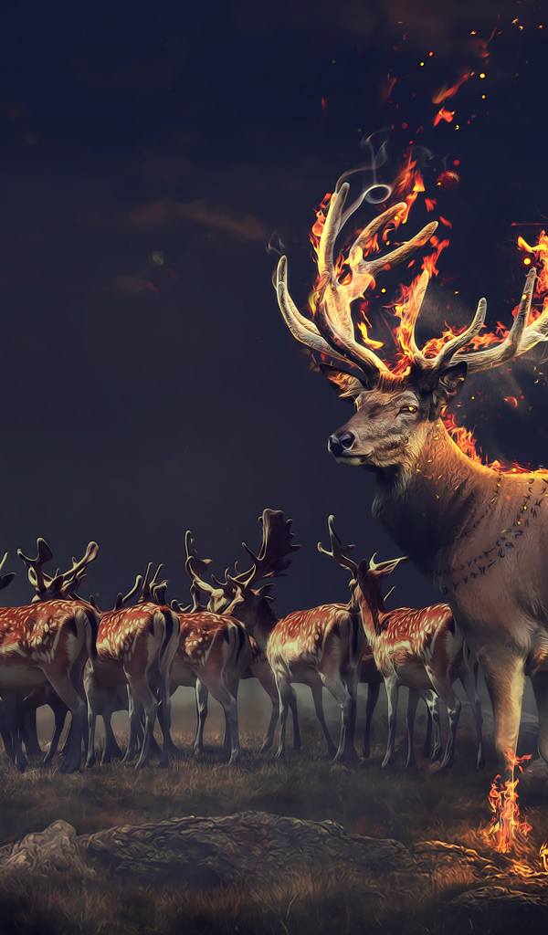 Фантастический олень с огненными рогами и копытами
