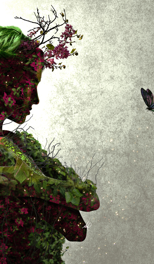 Фантастическая девушка с растениями и бабочками