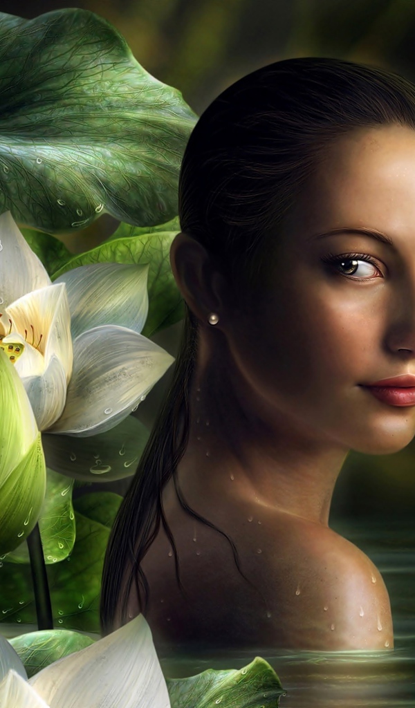 Девушка фэнтези на фоне белых цветов лотоса