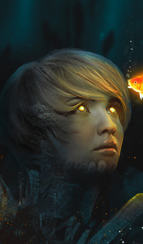 Девушка со светящимися глазами на дне с золотыми рыбками