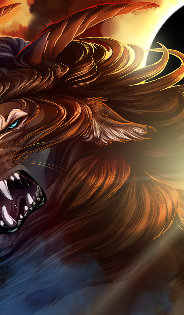 Грозный лев с рогами на фоне черной луны, фэнтези