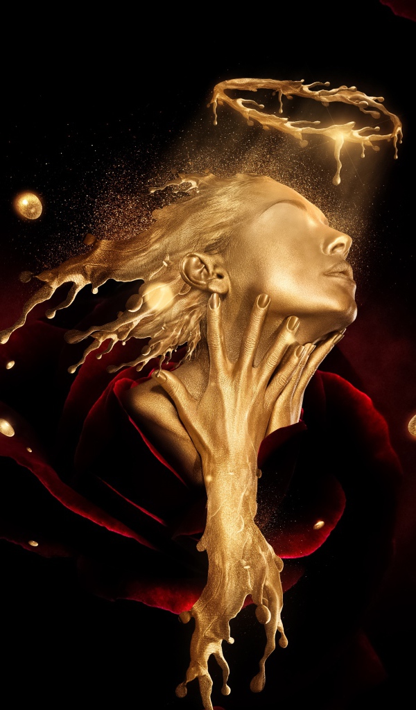 Лицо девушки из золота в красной розе, фэнтези