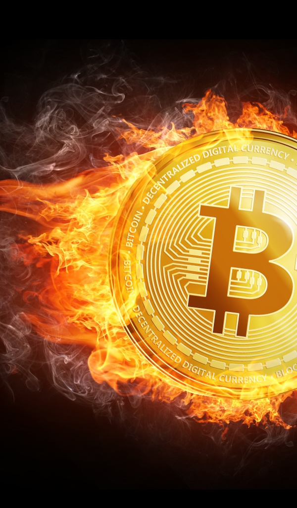 Огненная монета биткоин на черном фоне